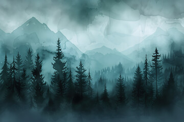 Foggy landscape, atmospheric watercolor illustration - obrazy, fototapety, plakaty