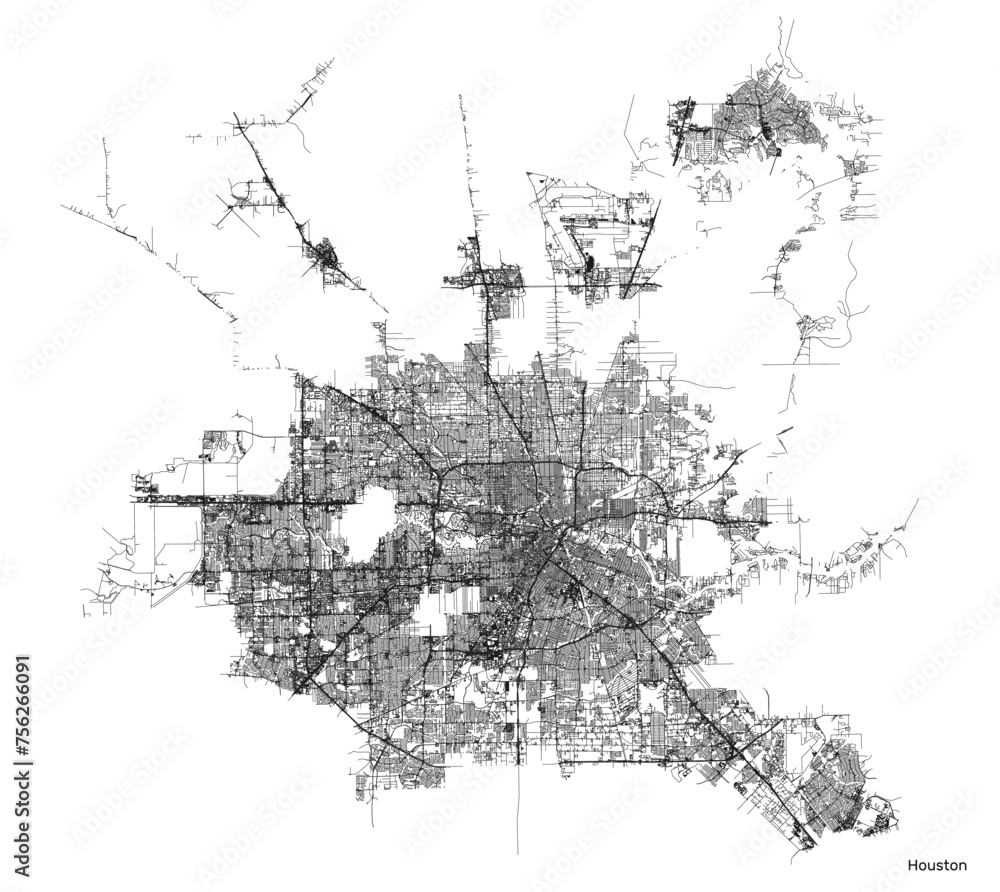 Wall mural houston city map with roads and streets, united states. vector outline illustration.