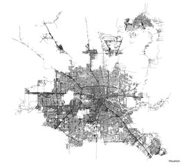 Fototapeta na wymiar Houston city map with roads and streets, United States. Vector outline illustration.