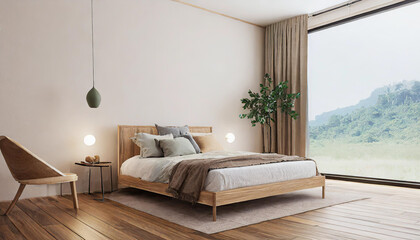 Minimal bedroom wall mock up with wooden side table. 3d rendering bedroom illustration.