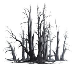 Group of spooky dead trees isolated on a transparent background. Bare landscape. PNG file. Concept of Halloween, darkness, death, nature, season, pollution, destruction, haunted, drought.