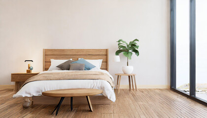 Minimal bedroom wall mock up with wooden side table. 3d rendering bedroom illustration.