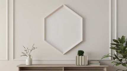 Hexagonal shape mockup photo frame resin border, on bookcase in modern living room, 3d render