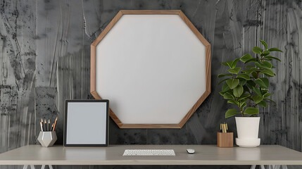 Hexagonal shape mockup photo frame wooden border, on computer table in modern living room, 3d render