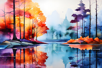 background. modern landscape painting on a river using watercolors