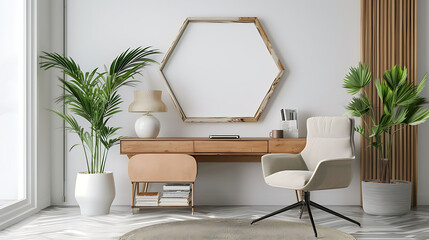 Hexagonal shape mockup photo frame bamboo border, on study desk in modern living room, 3d render