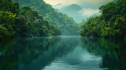 lake in the mountains, lake in the forest, A serene and picturesque mountain lake surrounded by lush greenery in the summer photograph - Powered by Adobe