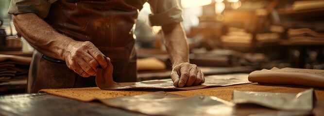 Leatherworker, Craftsman in detailed work on handmade leather goods, focusing on the art of leather crafting with precision and a rich warm tone in each bag.