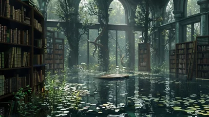 Gordijnen 3D rendering of an ancient library submerged in a swamp. © Yusif