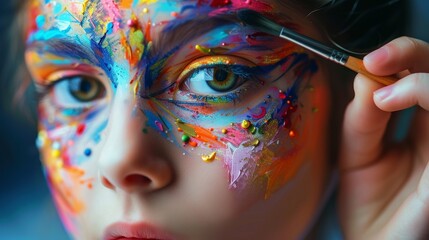 A person is painting a child's face with bright colors