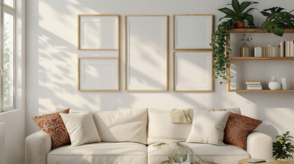 Multi opening Collage shape mockup photo frame wooden border, on book shelf in modern living room, 3d render