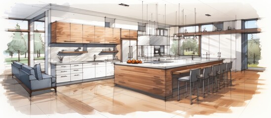 Modern Kitchen Interior Design Sketch with Island.