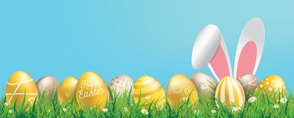 Hare Ears Golden Happy Easter Eggs Blue Header