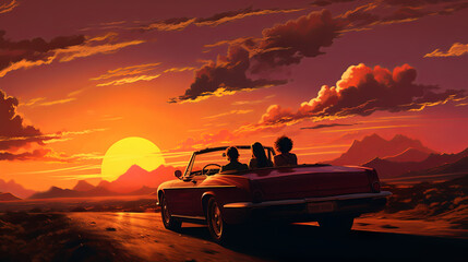 Fototapeta na wymiar In a picturesque scene, beautiful girls in a retro car gaze with admiration at the breathtaking sunset and clouds