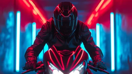 Tuinposter A motorcyclist rides fast in neon lights. © Nikolay
