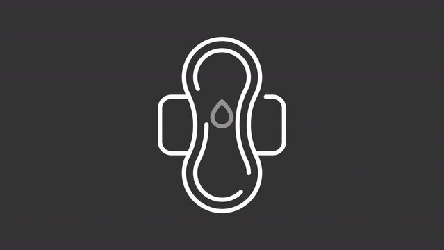 Menstrual pad white line animation. Feminine hygiene animated icon. Period menses. Female genitals sanitary napkin. Isolated illustration on dark background. Transition alpha video. Motion graphic