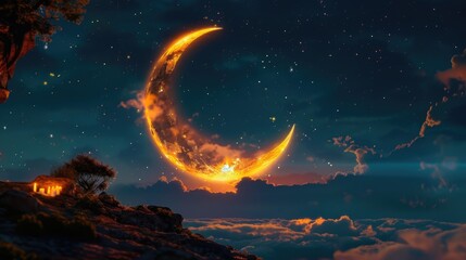 Obraz na płótnie Canvas Crescent moon over Islamic mosque silhouette against twilight sky.