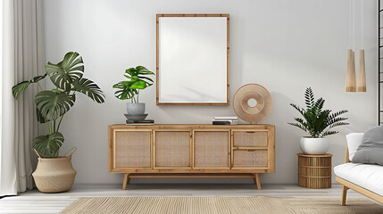 Multi opening Collage shape mockup photo frame bamboo border, on chest drawer in modern living...