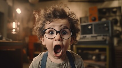 A child wearing glasses screaming in surprise. Children's raw emotions. - obrazy, fototapety, plakaty