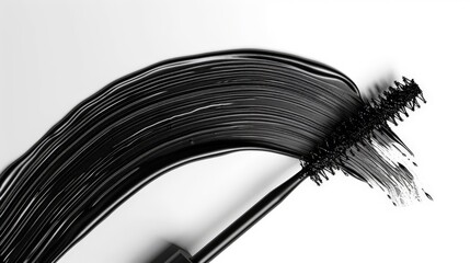 black mascara brush stroke with applicator brush isolated on white background