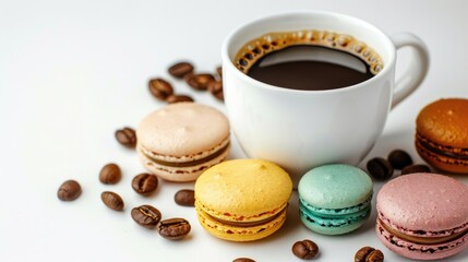 Espresso coffee with macarons on a white ceramic plate.