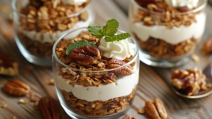 Yogurt parfait with granola and raspberries in a clear glass. Healthy breakfast concept.
