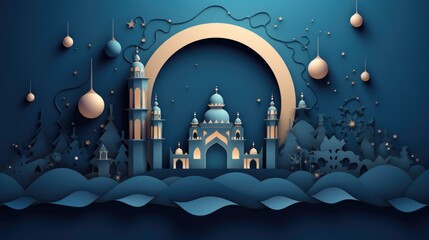 Illustration of a mosque silhouette against a night sky with hanging lanterns during Ramadan.