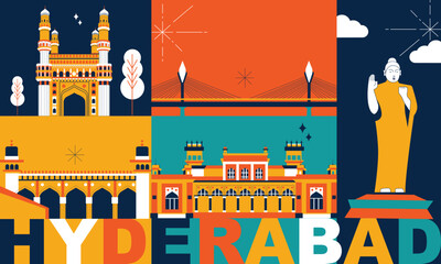 Hyderabad culture travel set, famous architectures and specialties in flat design. Business travel and tourism concept clipart. Image for presentation, banner, website, advert, flyer, roadmap, icons