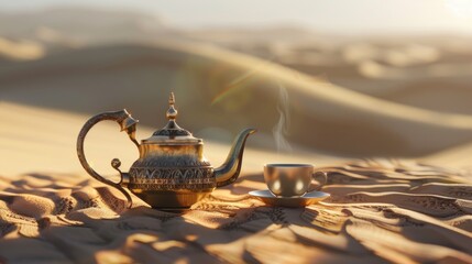 Traditional teapot and cup in the desert at sunset with sand dunes.