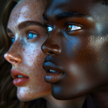 Fototapeta Ethnic diversity in one portrait, ethnically different people, Generative AI