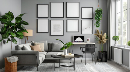 Multi opening Collage shape mockup photo frame resin border, on study desk in modern living room, 3d render