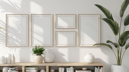 Multi opening Collage shape mockup photo frame bamboo border, on book shelf in modern living room,...