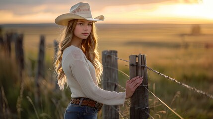 a beautiful high school senior stand posing next to a ranch fence, country look, she is wearing a cowboy hat and boots, country girl,    sunset. generative AI - obrazy, fototapety, plakaty