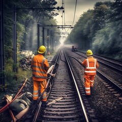 Two men in orange and yellow safety gear are walking along a railroad track