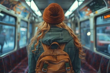 Rear view of a woman with a backpack waiting in a subway train.