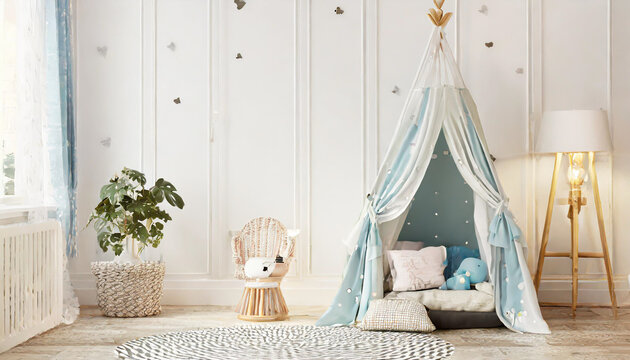 Empty white wall in modern child room. Mock up interior in scandinavian, boho style. Copy space for your picture or poster. Bed, armchair, toys, rattan basket. Cozy room for kids. 3D rendering.