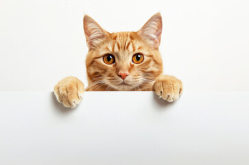Cute ginger cat laying down holding white banner, copy space for the ad or discount banner