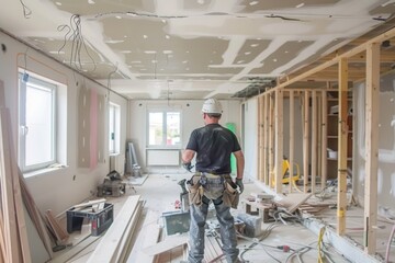 Construction worker installing drywall in a bright modern building.
