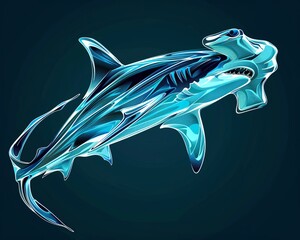 Dynamic depiction of a great hammerhead shark illustrated with fluid