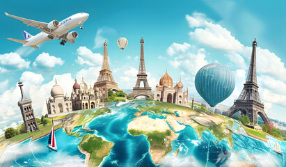 Illustration of a trip around the world, featuring famous landmarks on a globe. The artwork showcases various iconic monuments and creates a world travel background.