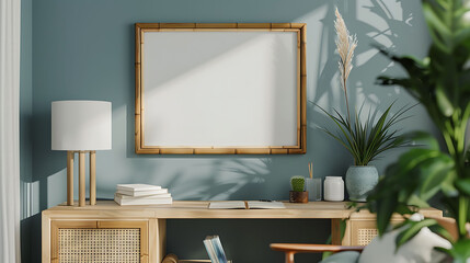 Multi opening Collage shape mockup photo frame bamboo border, on study desk in modern living room, 3d render