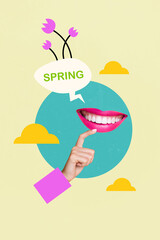 Vertical collage of hand finger touch smiling mouth mind dialogue bubble spring painted tulip...