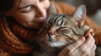 Woman cuddling with tabby cat. Close-up emotional bond and pet care concept.