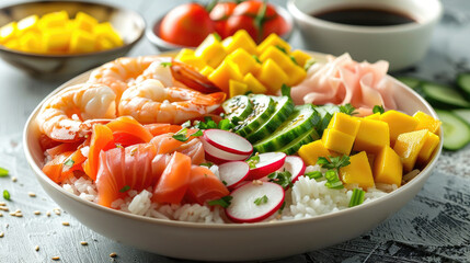 Hawaiian poke bowls on the table with shrimps or prawns, seafood, salad, cucumbers tomatoes rice, fish with sauce. - obrazy, fototapety, plakaty