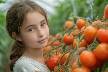 Fototapeta na wymiar Young girl with fresh tomatoes in a greenhouse.