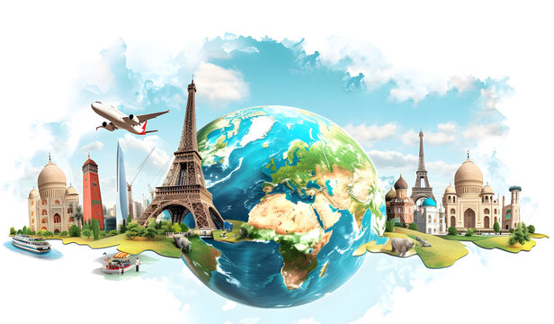 Illustration of a trip around the world, featuring famous landmarks on a globe. The artwork showcases various iconic monuments and creates a world travel background.