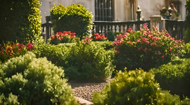 Landscaping in home garden. Gorgeous landscape design with plants and flowers at residential house. Blurred background