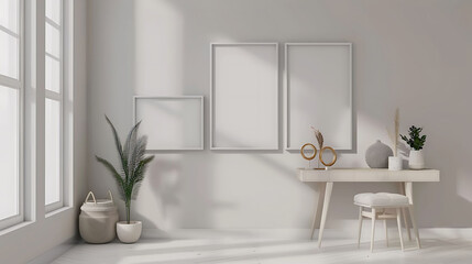 Fototapeta na wymiar Multi opening Collage shape mockup photo frame glass border, on study desk in modern living room, 3d render