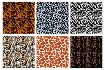 Obraz premium Wild animal skins seamless patterns. Exotic fur colors. Natural leather with spots, stripes and scales. Reptiles and mammals. Tiger print. Zebra and leopard backgrounds. Garish vector set