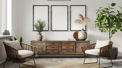 Multi opening Collage shape mockup photo frame resin border, on chest drawer in modern living room, 3d render
